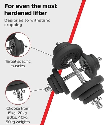 Body Revolution Adjustable Cast Iron Dumbbell Set, 15kg - 50kg - Home Gym Equipment for Strength Training & Workouts