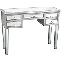 lapday Mirrored Makeup Table, Silver Reflective Glass Mirrored Media Console Table Smooth Finish Vanity Desk for Women Girls Home Office 5-Drawer
