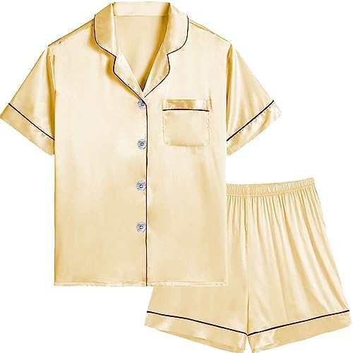 AUECK Satin Silk Pajamas for Girls Boys Button-Down Pjs Sets Two-Piece Lounge Sets Classic Silk Sleepwear
