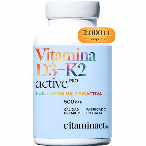 Vitamina D3 y K2 MK7 99,9% All-Trans – 2000 UI – 500 Comprimidos Fáciles de Tomar – Alta Biodisponibilidad – Alta Pureza, Sin Dióxido de Silicio ni Aditivos – Formato Ahorro 16 Meses.