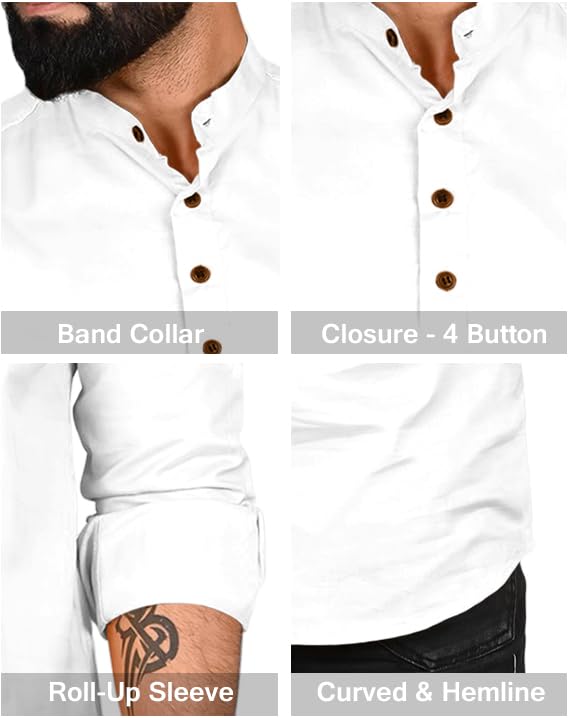 Image of ROYALSCOUT Men Cotton Blend Short Kurta with Mandarin Collar and Button Placket | Full Sleeve Regular Fit Ethnic Wear for Casual and Festive Use