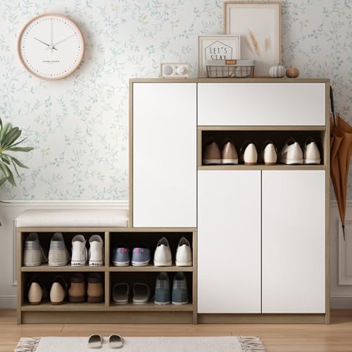 PUGSDRLY Meuble à Chaussures en L avec Banc Chaussures Entrée Rembourrée,Étagère Réglable,Buffet Moderne,Rangement Etagere Chaussures pour...