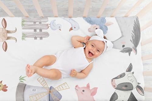 Image of Sweet Jojo Designs Fitted Baby Crib Sheets (Farm Animals) for Boys or Girls, Infant Nursery, Toddler Room - Standard Size (Photo Op, Neutral, Farmhouse, Country, Barn Animal Theme, Cow, Grey Horse)