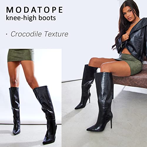Modatope Knee High Boots Women Black Boots For Women High Heel Pointed Toe Womens Boots Tall Boots For Women Heeled Long Boots Women Size 9.5 #TOP2