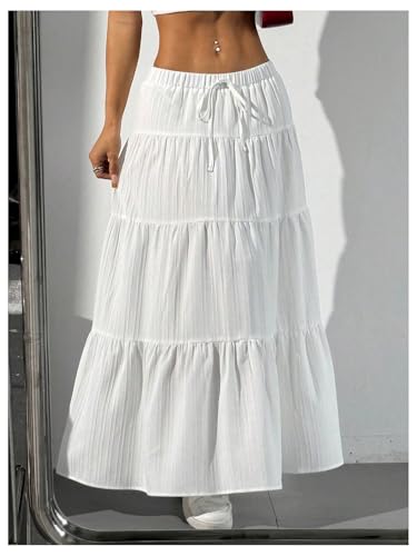 Women's Bowknot A Line Maxi Skirts Y2k Tiered Ruffle Elastic Waist Flowy Summer Vacation Skirts4