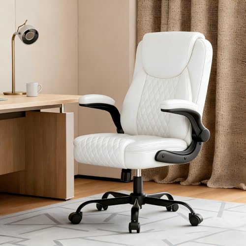 Image of GTPLAYER Leather Office Chair, Home Desk Chair with Flip-up Arms and Ergonomic Back - Comfy Heavy Duty Executive Chair for Home Office Gaming, White