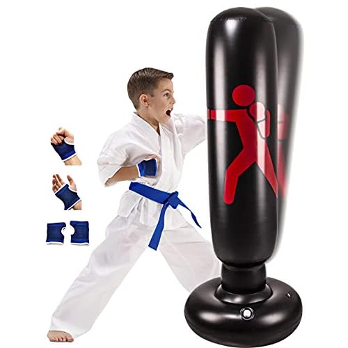 Inflatable Kids Punching Bag with Stand, Kickboxing Freestanding Punching Bags for Kids&Adults, 63” Portable Weighted Boxing Punching Bag for Practicing Karate, Taekwondo, MMA (with Training Gloves).