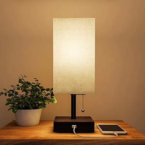Lavish Home USB Rectangle Lamp with Wood Base Cover