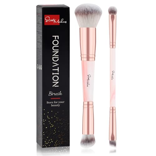 Pinceau de maquillage double embout fond de teint et contouring rose lot de 2