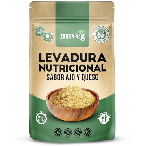 NUVEG Pack 2 Levadura Nutricional Sabor Queso y Ajo, Levadura Nutritiva en Copos Rica en Vitamina B y Proteínas 42%, Nutritional Yeast Sin Gluten, Sin Azucar, Ideal para Queso Vegano, 250g