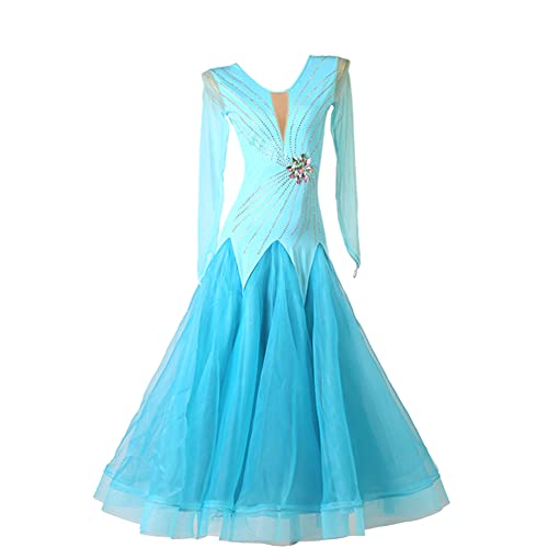 Women's Rhinestones Ballroom Dance Dress Waltz Cha Cha Lyrical Dance Competition Dress Performance Clothing Lake Blue