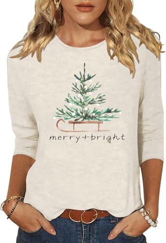 Vircreate Womens 3/4 Sleeve Crew Neck Christmas T-Shirts Merry Christmas Leopard Plaid Tree Graphic Tee Tops (L,251119shu Beige)