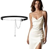 SANSTHS Waist Chain Belts for Dresses Jeans Pants, Women PU Leather Belts With Silver Chain, Silver Black S
