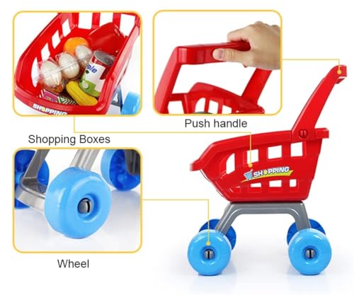 Image of Kids Supermarket Shopping Cart Toy Set, Age 3+ Years | Cash Register, Scanner, Basket, Pretend Grocery Food Accessories, Lights & Sounds