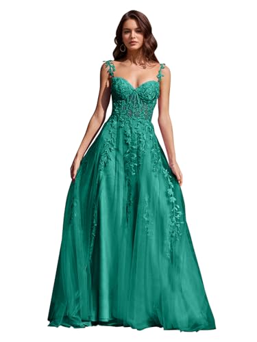 Image of Long Tulle Prom Dresses 2025 V Neck Floral Long Ball Gowns for Women Lace Applique Formal Evening Gowns ACE159