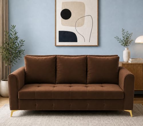 Image of Adorn India Premium Mystic - 3 Years Warranty - 3 Seater Sofa Cum Bed Velvet Suede Fabric - Brown