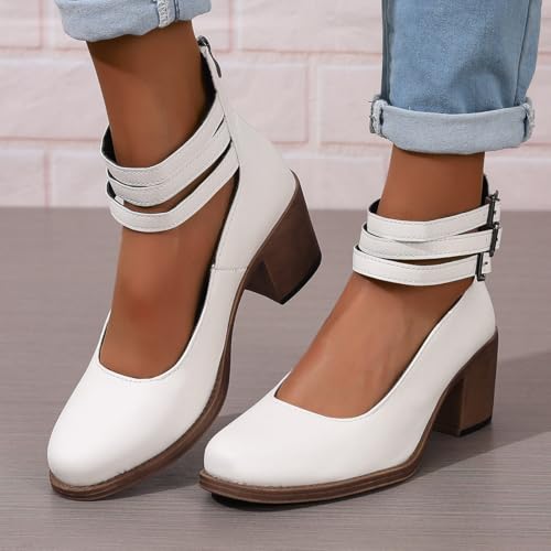 Womens Chunky Heel Strappy Pumps Chunky Low Block Heels Close Round Toe Dress Shoes with Ankle Strap Dress Party Shoes2