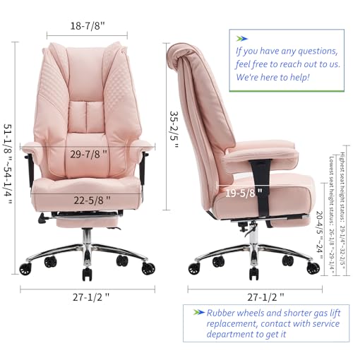 Big and Tall Office Chair 400lbs Wide Seat, Leather High Back Executive Office Chair with Foot Rest, Ergonomic Chairs Lumbar Support for Lower Back Pain Relief (Light Pink)