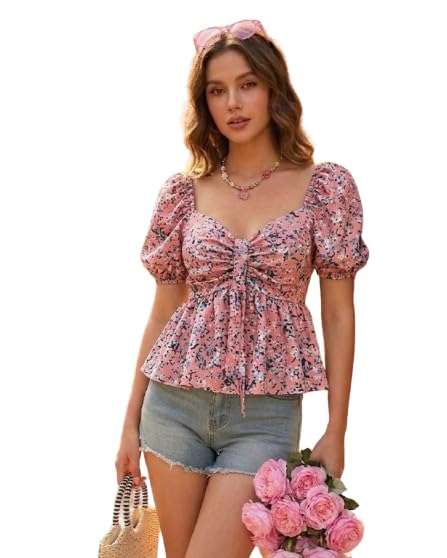 Women Butterfly Print Peplum Top | Puff Sleeve Sweetheart Neck Smocked Summer Western Top for Women & Girls | Trendy Casual Floral Style Blouse-picture-40
