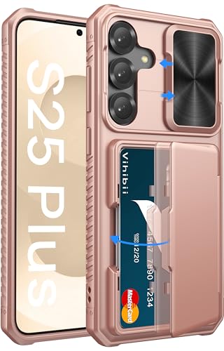 Image of Vihibii for Samsung Galaxy S25 Plus Case Wallet with Card Holder (4 Cards) [RFID Blocking] & Slide Camera Cover, Military Grade Drop Protection, Rugged Back & Silicone Edge Case, 6.7 inch 2025, Rose Gold