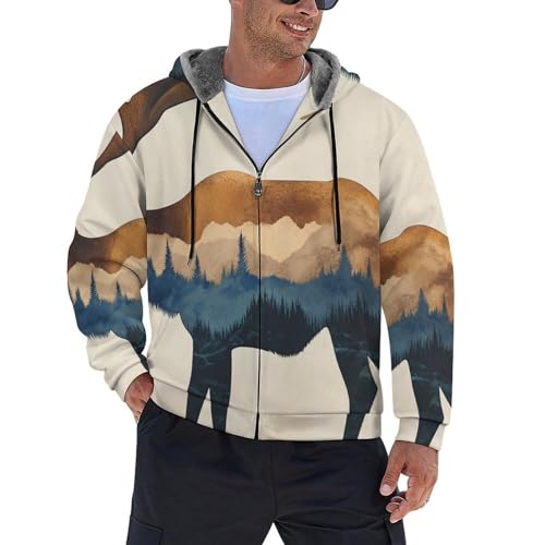 MIATCENRT Giacca In Pile Antivento Da Uomo, Calda Felpa Con Cappuccio Invernale Con Cerniera, Giacca In Pile Per Esterni Con Stampa Vista Montagna Alce, Giacca Unisex A Maniche Lunghe Ispessita