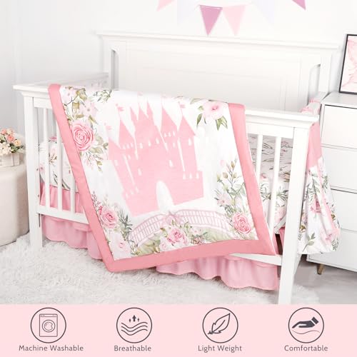 Image of TANOFAR 4-Piece Crib Bedding Set for Baby Girls, Floral Castle Nursery Bedding Set Includes Comforter, Fitted Crib Sheet, Crib Skirt, and Diaper Stacker, Pink