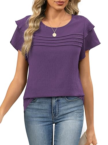 Funlingo Blouses for Women Dressy Casual Short Ruffle Sleeve Crew Neck Tops Summer Flowy Pleated Shirts Business Office Work Clothes Purple 2XL