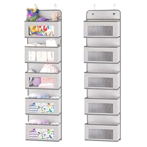 Over The Door Organizer with 5 Pockets, Over Door Pantry Organization, Hanging Organizers and Storage for Closet, Clothes, Diapers, Kids Toy, Bathroom, Bedroom, Dorm Room, Nursery with 2 Metal Hooks