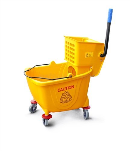 FSE MBK-9 Commercial Mop Bucket with Side Press Wringer, 36 Qt Capacity, Detachable Wringer, Nonmarking Casters with Bumper Guards, Sturdy Handle, Yellow Transportable Cleaning Bucket