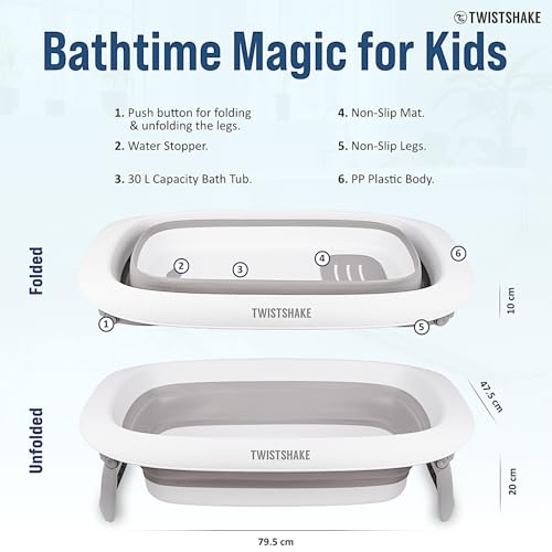 Miniatura 5 de Twistshake Bañera Plegable De Bebé Y Recién Nacido Para Ducha, Baño Portátil Para Niños, Antideslizante Y Cómodo, 0 Mes , Capacidad: 30l, Gris Blanco