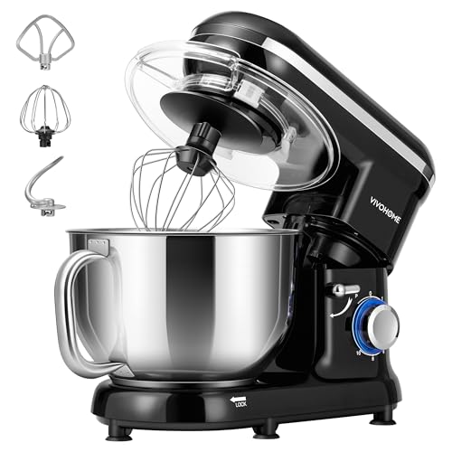VIVOHOME Mikser Stojący 1500W, 10 Prędkości 5,7L Elektryczny Mikser Kuchenny z Głowicą Odchylaną, Mieszadłem, Hakiem do Ciasta, Trzepaczką i Separatorem Jajek, Czarny