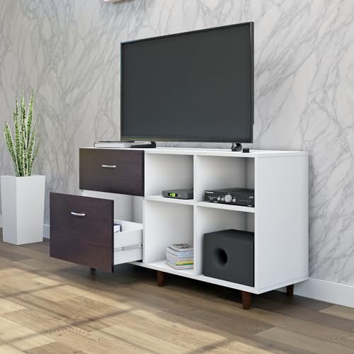 Image of VIKI Modern TV Unit for Living Room | Engineered Wood TV Cabinet with 2 Drawer Storage & 2 Open Shelves, Entertainment Unit, 140W x 74H x 40D cm | DIY | 1 Year Warranty (White & Wenge)