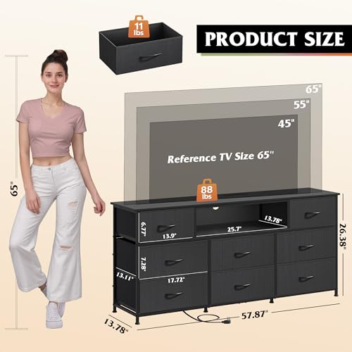 Image of WLIVE LED Dresser TV Stand for 65 Inch TV, 8 Drawers, Black | Fits TVs up to 65 inch, 8 fabric drawers, LED chest of drawers, Built-in power outlet, Living room or bedroom