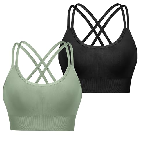 Leversic Sujetador Deportivo Mujer de Yoga Acolchado de Impacto Medio Top Corto con Espalda Cruzada y Tiras para Fitness Gimnasio (Negro+Verde, M)