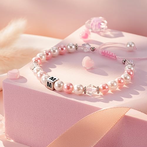 Image of Kindergarten Preschool Graduation Gifts for Little Girls | Commemorative Bracelet for Daughter /Granddaughter /Niece | Pink Pearl Initial Bracelet | Adjustable Length