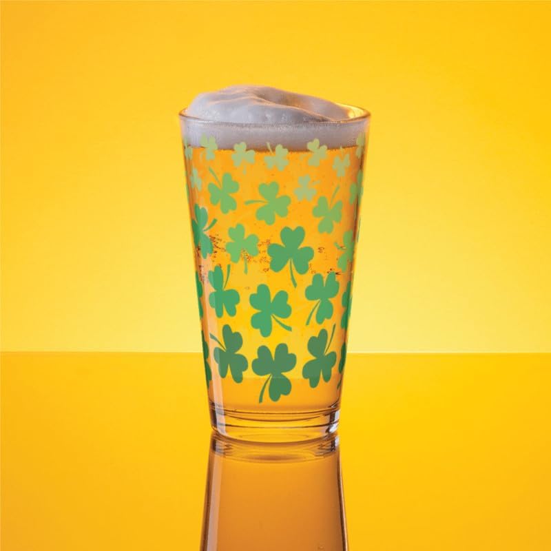 St Patricks Day Pint Glass, Irish Themed Pint Glasses, 16oz Printed Full Wrap Pint Glass (6-Pack Clover Pattern)