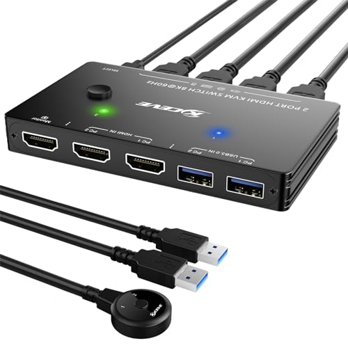 KVM Switch 8K@60Hz 4K@120Hz, ESKEVE HDMI KVM Switch für 2 Computer, die sich 1 Monitore und 3 USB3.0-Geräte teilen, kabelgebundene Fernbedienung und USB-Kabel im Lieferumfang enthalten