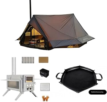 Hot Tent with Stove Jack for Winter Camping - 4 Season, 1-2 Person + Camping Wood Stove with 8 Stainless Steel Insulated Chimneys 304 Stainsteel + Fireproof Mat