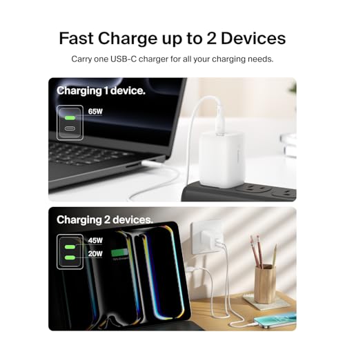 Image of Belkin 65W Dual USB C Charger Block, Super Fast Charging PD3.0 w / GaN Technology - Samsung Galaxy S25, Apple iPhone 17, Air, Pro, Pro Max, iPad, MacBook, AirPods, Nintendo Switch 2 & More - White