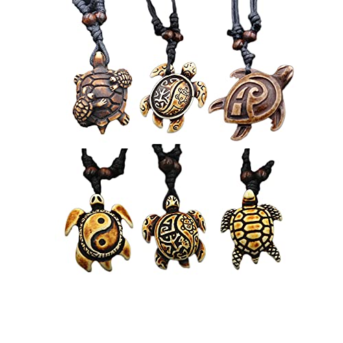 COLORFUL BLING 6Pcs Handmade Carved Sea Turtles Tortoises Pendant Necklaces Rope Chain Resin Beach...