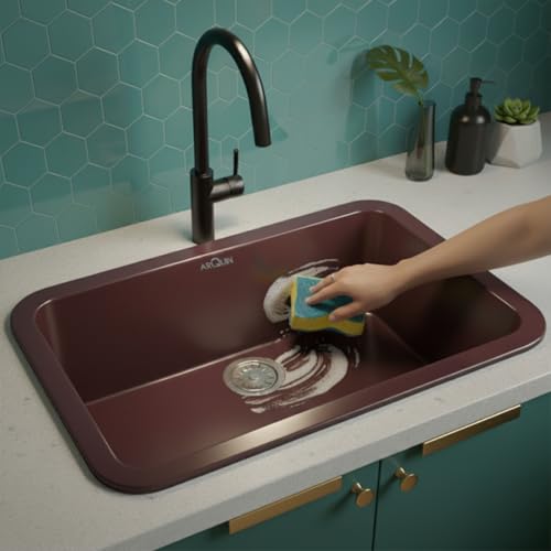 Image of ARQUIN Quartz Sink 24x18x9 Inch Brown Round Corner | Single Bowl Sink | Durable & Scratch-Resistant | Undermount /Topmount Including Coupling, Waste Pipe & Fruit Washing Basket