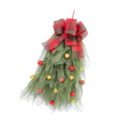 Corona de tul para árbol de Navidad con lazo a cuadros para fiestas de vacaciones, decoración para colgar en la pared