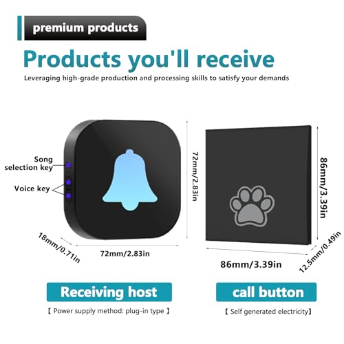 PORFOYO Dog Doorbell, Wireless Ring Bell to Go Outside, Hundeklingel, Hund Türklingel mit 38 Klingeltöne und 4 Volume Levels, 400 m² Range Für Outdoor, Haustür, Haus (Schwarz, 1 Empfänger, 1 Sender)