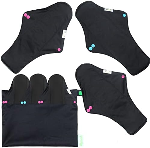wegreeco Bamboo Charcoal Sanitary Pads | Reusable Panty Liners | Soft Cloth Menstrual Pads - 6 Pack with 1 Cloth Mini Wet Bag (X-Large, Black)