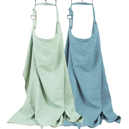 Image of Nursing Cover, Muslin Nursing Cover up for Breastfeeding, Soft & Breathable 100% Cotton with Adjustable Neck Strap, Multi-Use Nursing Apron & Baby Essentials, 2 Pack (Grass Green and Blue)
