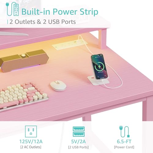 Image of Lufeiya Girls Desk with Power Outlets and LED Lights, 40 Inch Gaming Desk Table with Charging Station, Home Office Computer Desks with Monitor, Pink