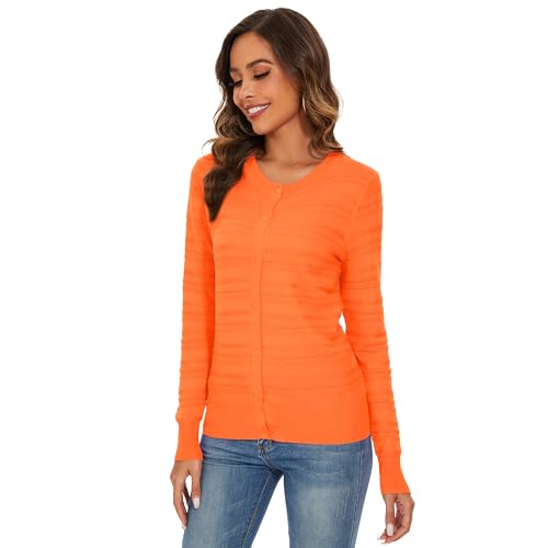 Image of Women's Crew Neck Button Down Hollow Out Stripes Long Sleeve Cardigan Sweater