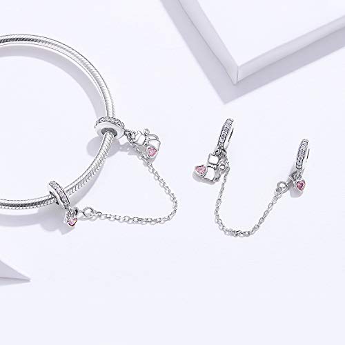 Image of ARTCHARM Heart Safety Chain Charm 925 Sterling Silver Beads fit European Charms Bracelet & Necklace