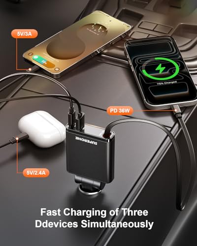 Image of SUPERONE Car Charger USB C Fast Charge,Ultra-Slim Retractable Car Charger for Car Accessories for Women Men,Car Charger Adapter for iPhone 17 16 15 14 13 12,Samsung,iPad,Airpods