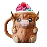 VELAJA Portavasos de Helado Vaca de las Tierras Altas con Cajón Secreto, Soporte para Pinta de Helado & Decoración, Incluye 2 Cucharas, Ideal para Casa, Picnic, Fiesta & Camping